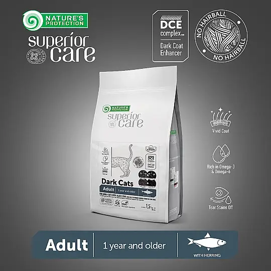 Nature's Protection Superior Care Siyah/Gri Tüylü Kediler İçin Tahılsız Ringa Balıklı Kedi Maması 1,5kg - 3