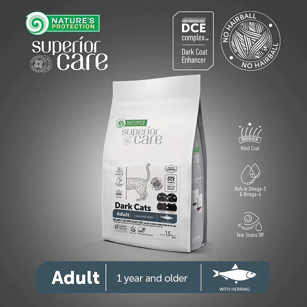 Nature's Protection Superior Care Siyah/Gri Tüylü Kediler İçin Tahılsız Ringa Balıklı Kedi Maması 1,5kg - 3